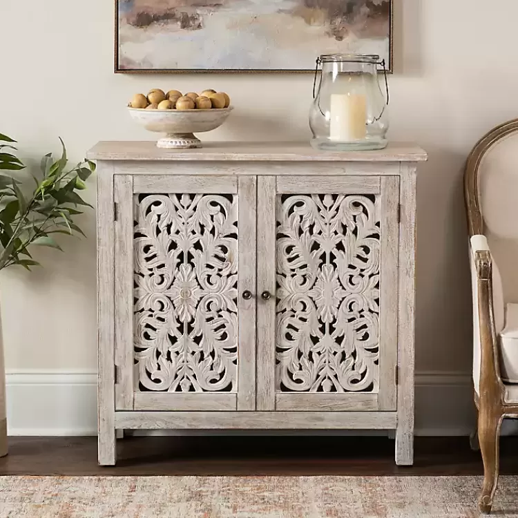 Cream Washed Wood Carved Door Cabinet>Kirklands Home Fashion