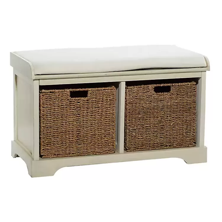 Cream Wood Bench with Storage Baskets>Kirklands Home Outlet