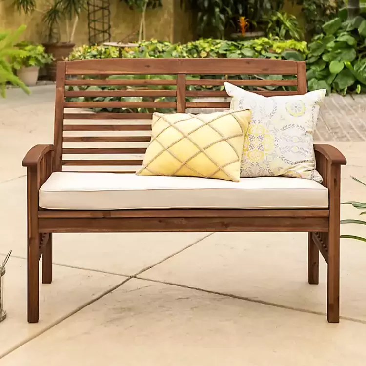 Dark Acacia Wood Loveseat Bench with Cushion>Kirklands Home Store