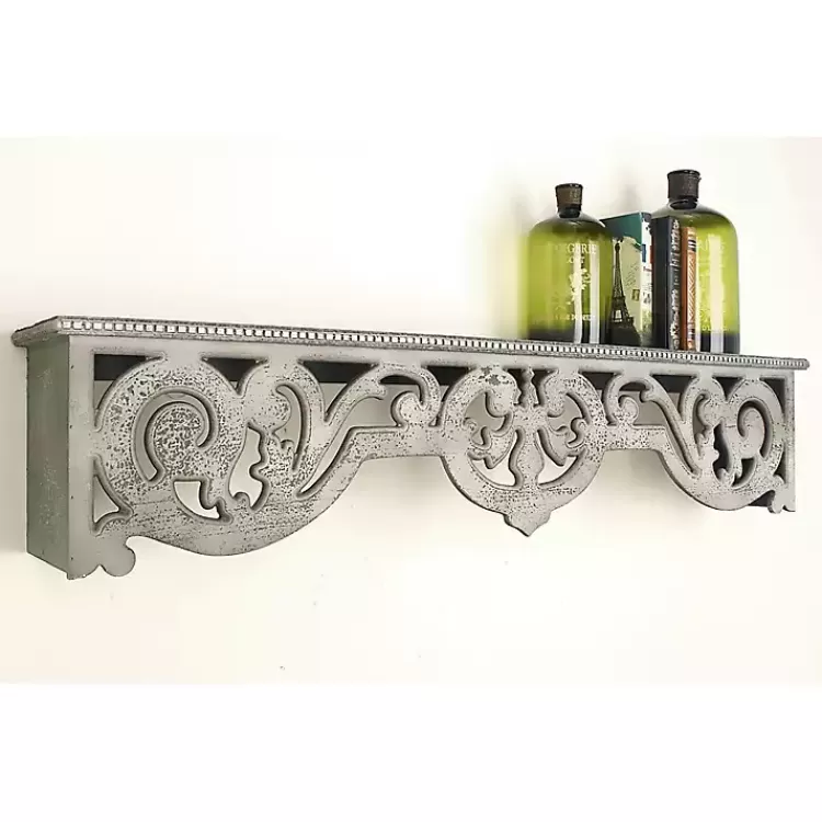 Distressed White Carved Wood Wall Shelf>Kirklands Home Outlet