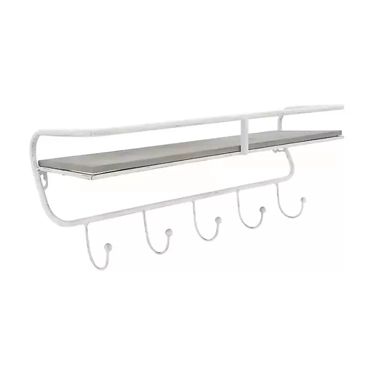 Distressed White Metal Wall Shelf with Hooks>Kirklands Home Best Sale