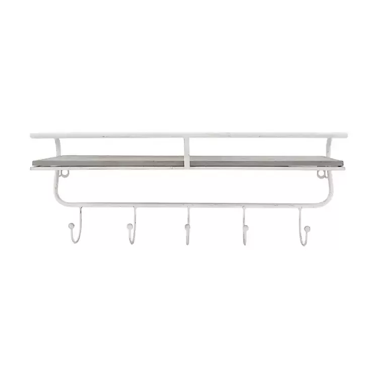 Distressed White Metal Wall Shelf with Hooks>Kirklands Home Best Sale
