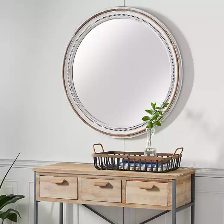 Distressed White Wood Round Frame Wall Mirror>Kirklands Home Best Sale