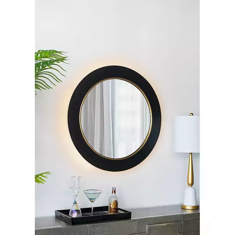 Drew II Black and Gold Round LED Mirror>Kirklands Home New