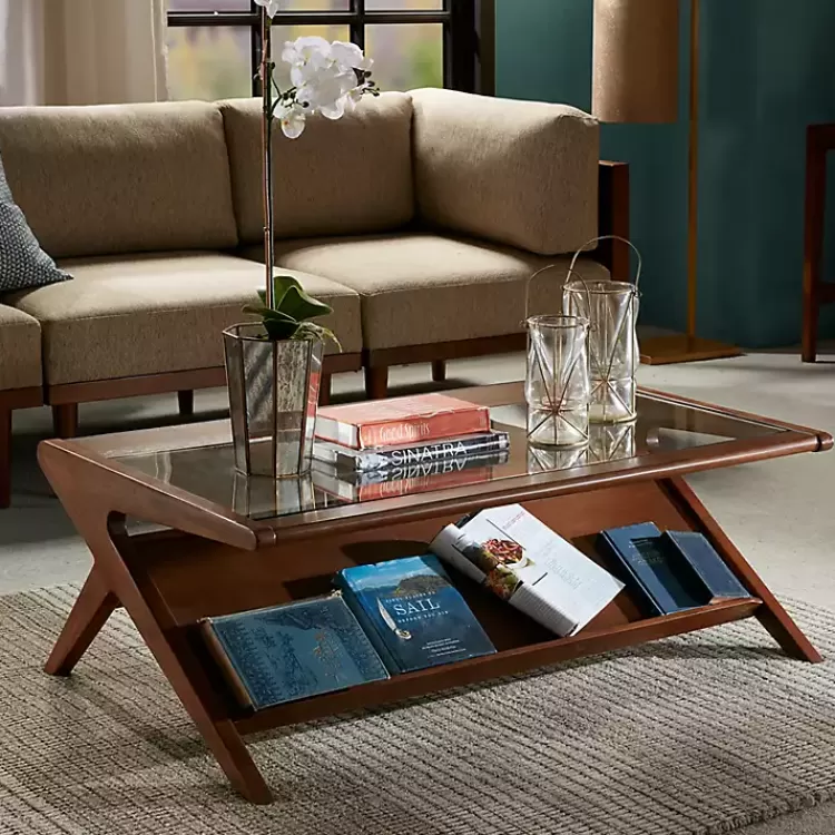Glass and Walnut Wood Angled Coffee Table>Kirklands Home Store