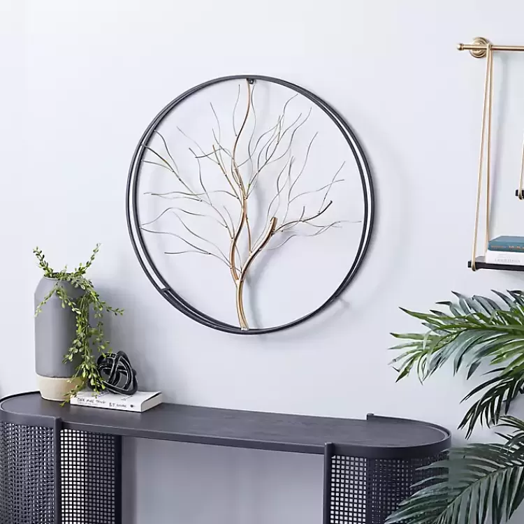 Gold Iron Leaf-Less Tree Round Frame Wall Plaque>Kirklands Home Sale