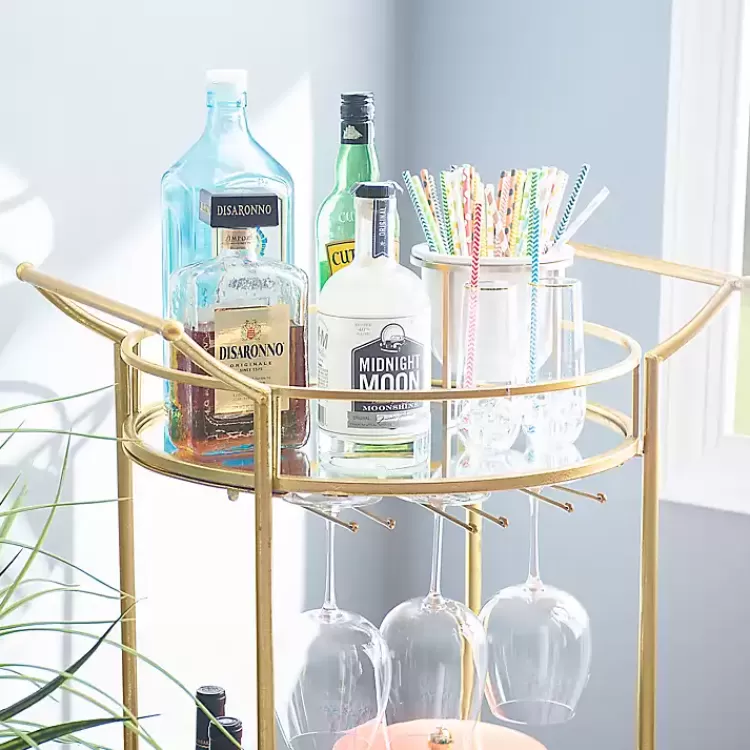 gold_metal_frame_bar_cart_with_mirrored_shelves_2.webp Gold Metal Frame Bar Cart with Mirrored Shelves>Kirklands Home Outlet