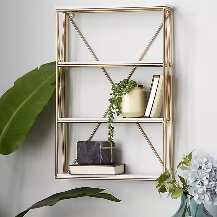 Gold X-Frame Daisy White Wood Wall Shelf>Kirklands Home Discount