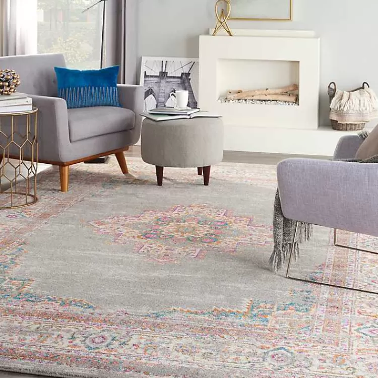 Gray & Pink Central Motif Botanical Area Rug, 9x12>Kirklands Home Fashion