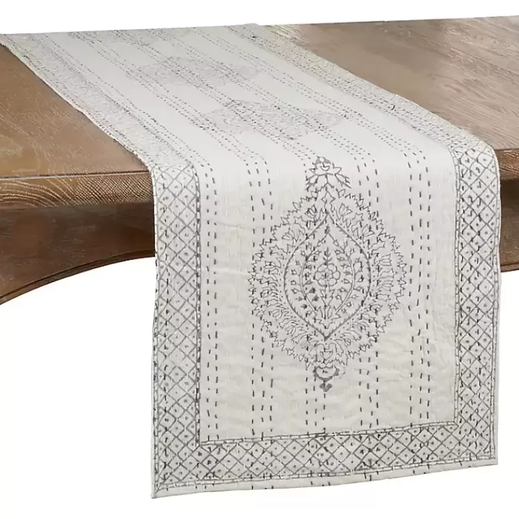 Gray and White Kantha Stitch Table Runner>Kirklands Home Cheap