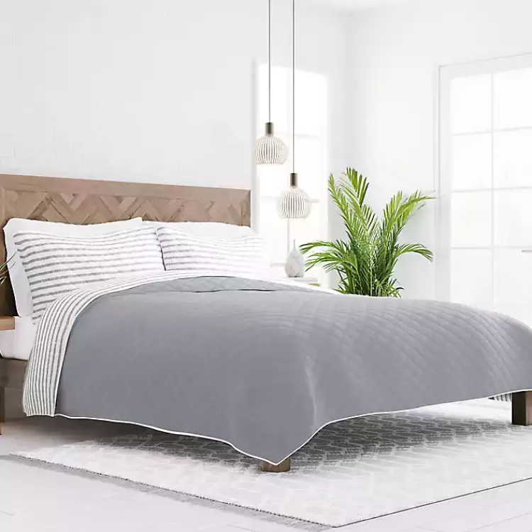 Gray Striped Reversible 3-pc. King Quilt Set>Kirklands Home Sale