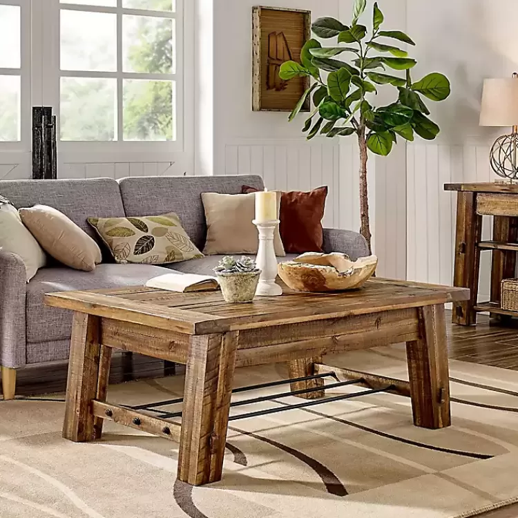 Honey Acacia Wood Coffee Table with Metal Bars>Kirklands Home Sale