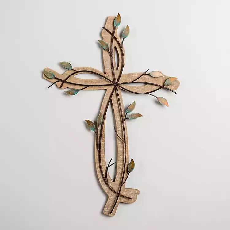 Leafy Cross Wood and Metal Wall Plaque>Kirklands Home Clearance