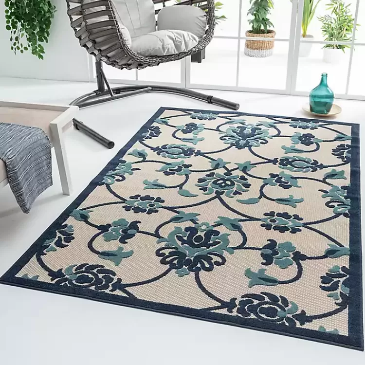Lyla Blue Floral Damask Indoor/Outdoor Rug, 5x8>Kirklands Home Fashion