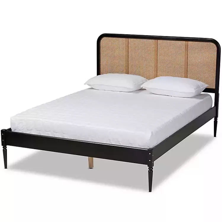 Mid-Century Black Wood Rattan Queen Platform Bed>Kirklands Home Sale
