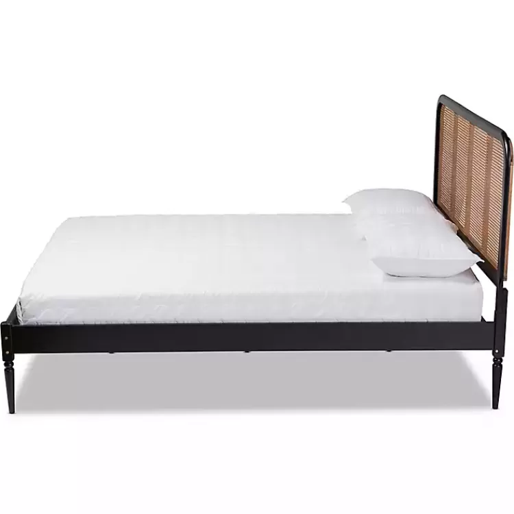 Mid-Century Black Wood Rattan Queen Platform Bed>Kirklands Home Sale