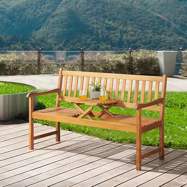Natural Acacia Wood Bench with Pop-Up Table>Kirklands Home Flash Sale