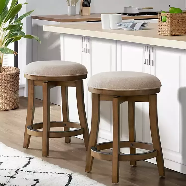 Natural Linen Barrel Base Swivel Counter Stool Set>Kirklands Home Cheap