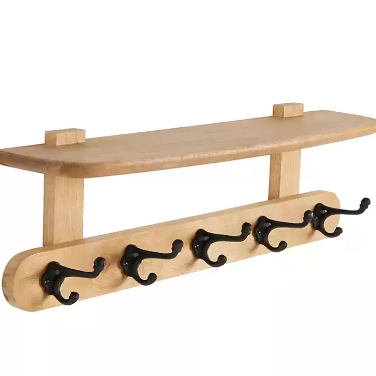 Natural Wood Wall Shelf with Hooks>Kirklands Home Best