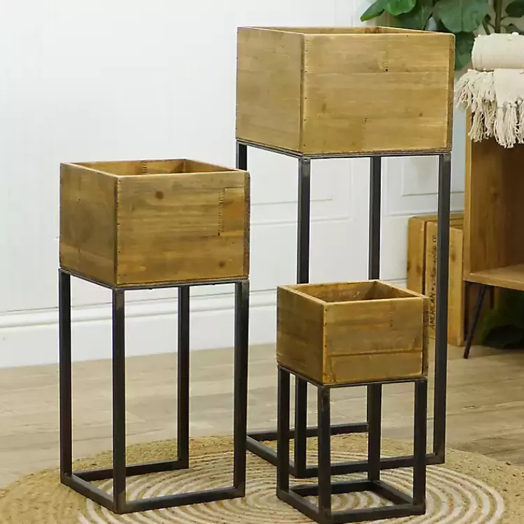 Natural Wood with Metal Base Planters, Set of 3>Kirklands Home Clearance