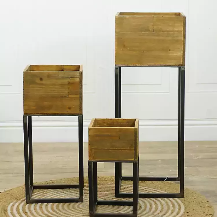 Natural Wood with Metal Base Planters, Set of 3>Kirklands Home Clearance
