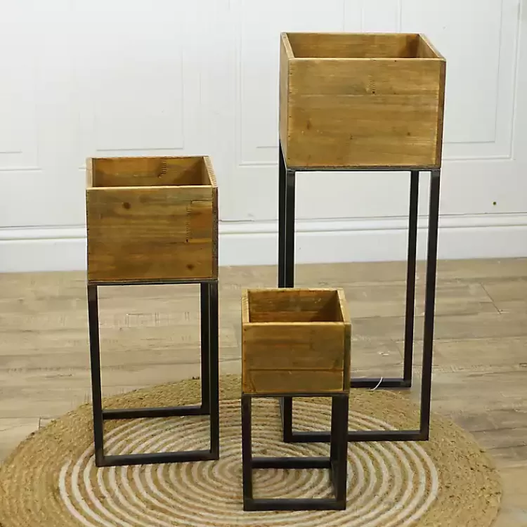 natural_wood_with_metal_base_planters_set_of__2.webp Natural Wood with Metal Base Planters, Set of 3>Kirklands Home Clearance