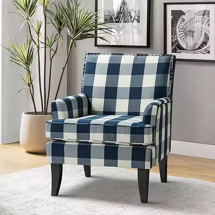 Navy Buffalo Check Upholstered Armchair>Kirklands Home Fashion
