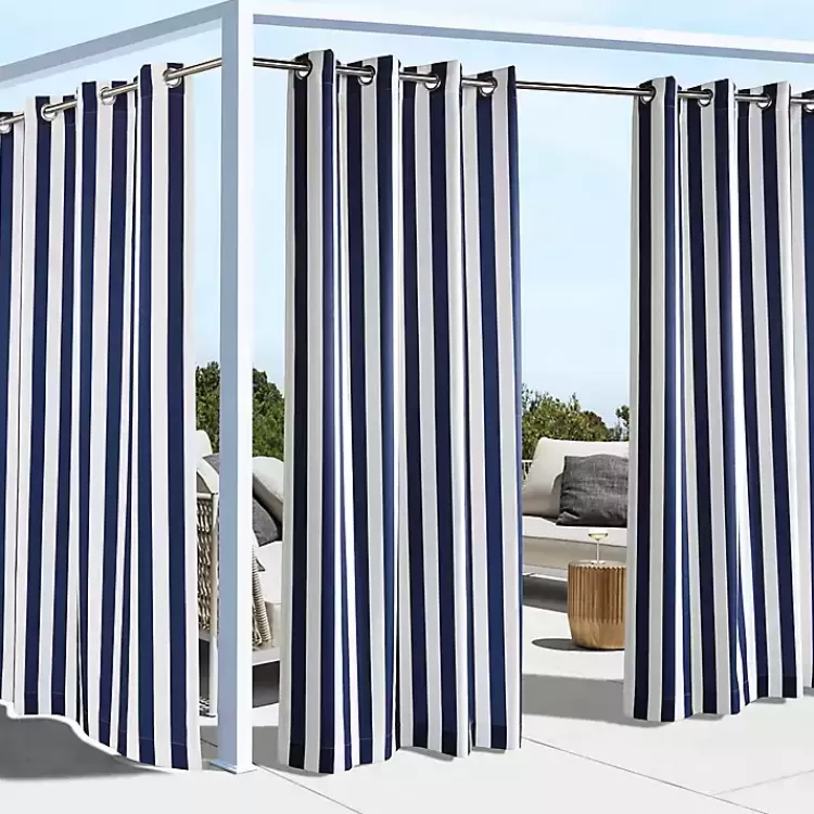 Navy Coastal Stripe Outdoor Curtain Panel, 84 in.>Kirklands Home Flash Sale