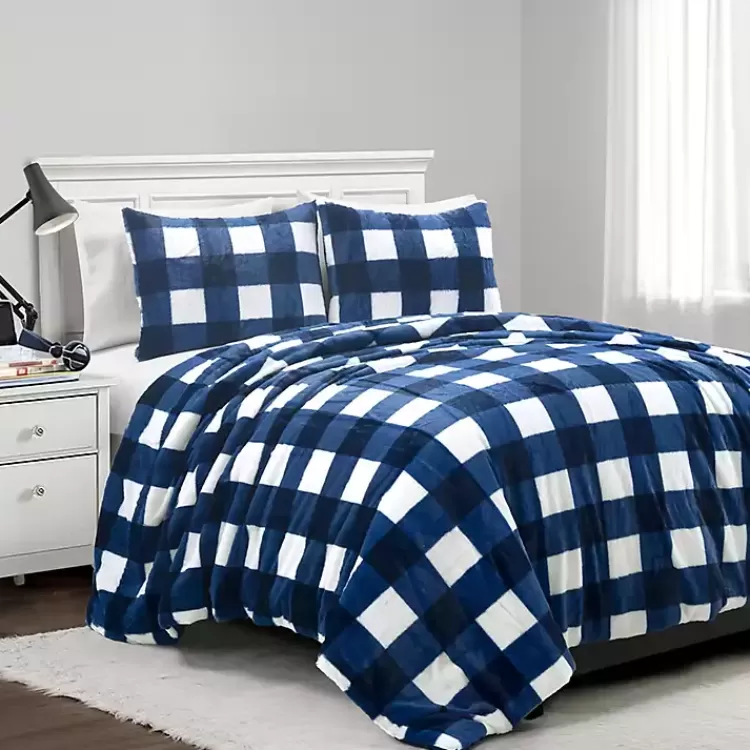 Navy Plaid Faux Fur 3-pc. King Comforter Set>Kirklands Home Best