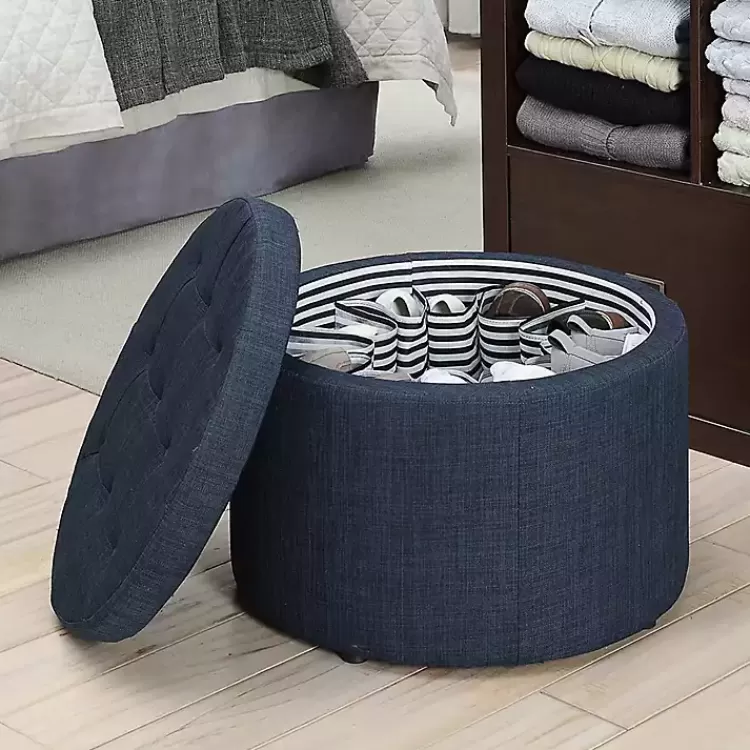 navy_upholstered_round_shoe_storage_ottoman_4.webp Navy Upholstered Round Shoe Storage Ottoman>Kirklands Home Sale