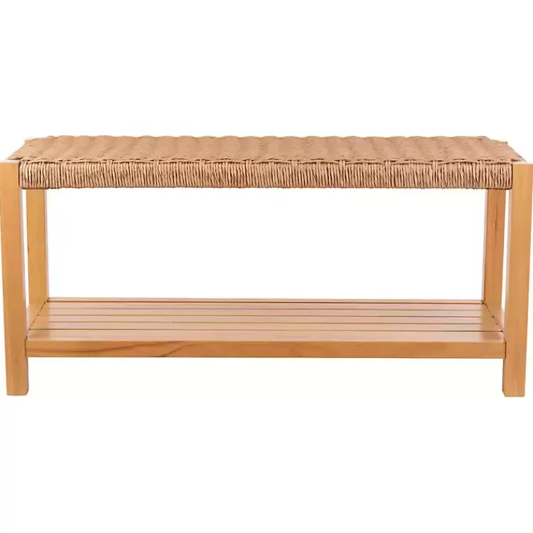 Newport Natural Wood and Rattan Bench with Shelf>Kirklands Home Cheap