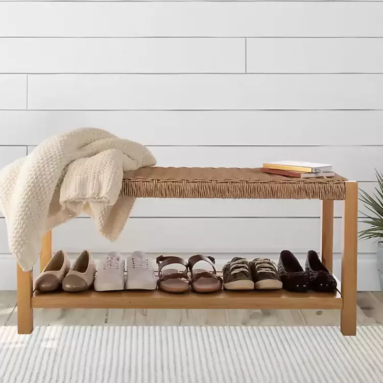 Newport Natural Wood and Rattan Bench with Shelf>Kirklands Home Cheap