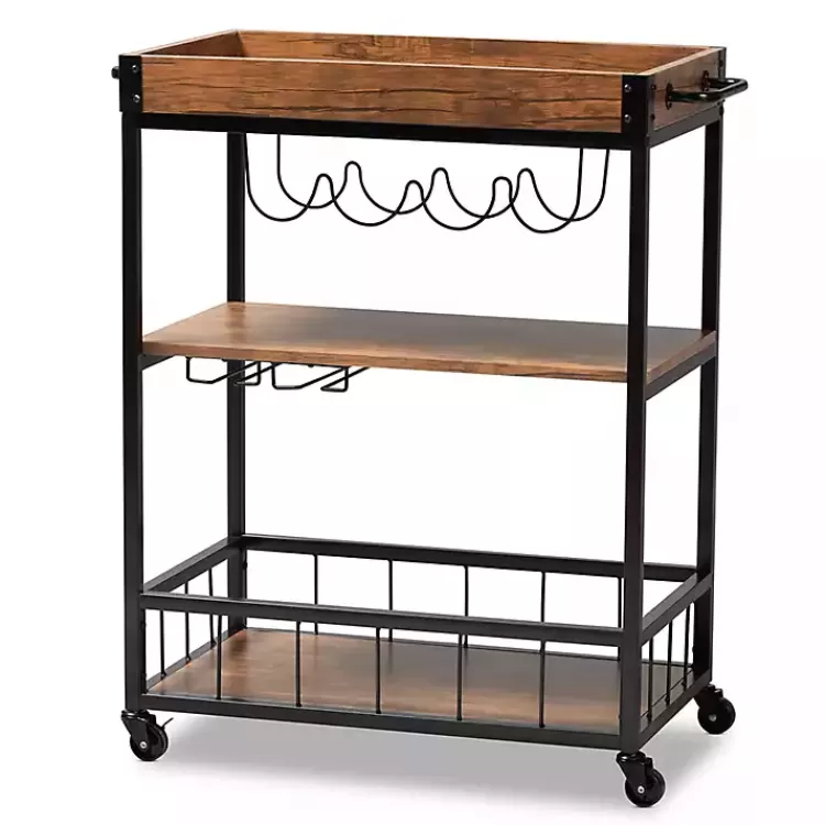 Oak and Black Metal Bar Cart with Bottle Rack>Kirklands Home Best Sale