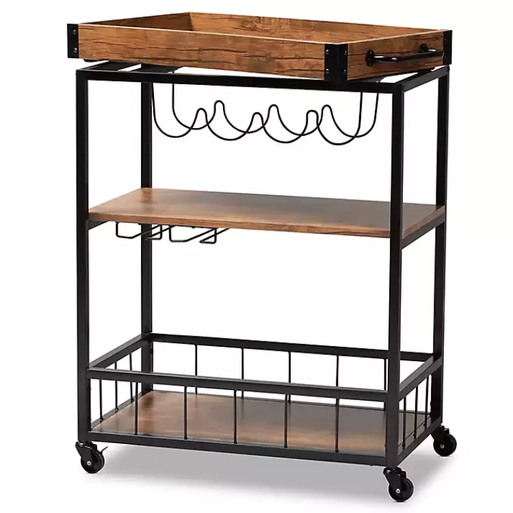 Oak and Black Metal Bar Cart with Bottle Rack>Kirklands Home Best Sale
