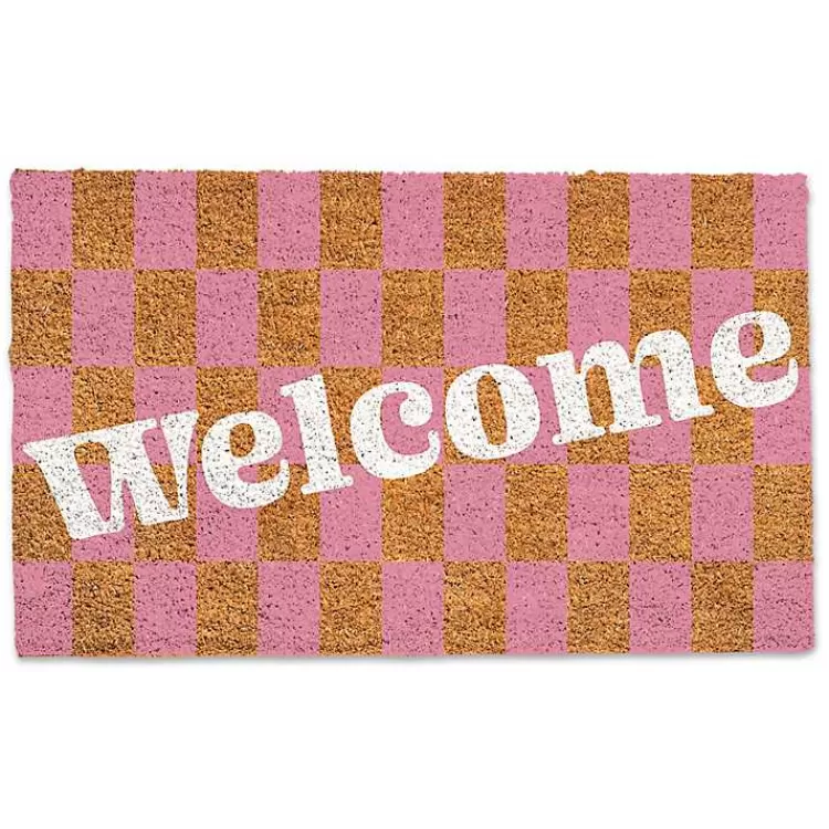 Pink Checkered Welcome Coir Doormat>Kirklands Home Discount
