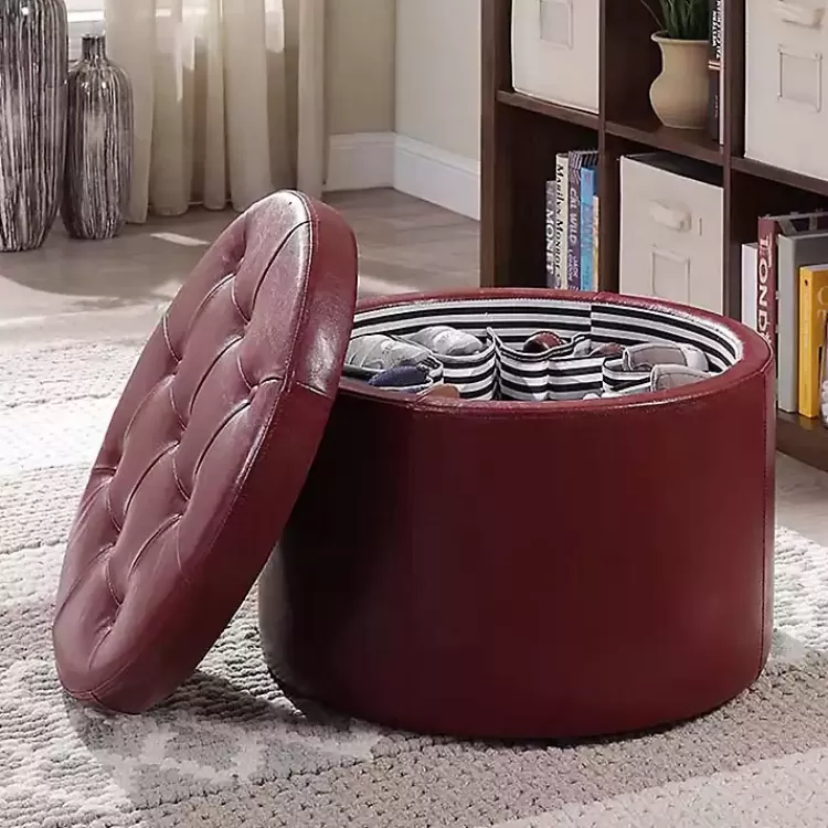 red_faux_leather_round_shoe_storage_ottoman_2.webp Faux Leather Round Shoe Storage Ottoman>Kirklands Home Fashion
