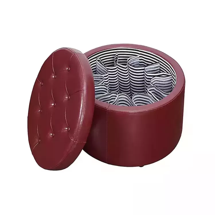 red_faux_leather_round_shoe_storage_ottoman_4.webp Faux Leather Round Shoe Storage Ottoman>Kirklands Home Fashion