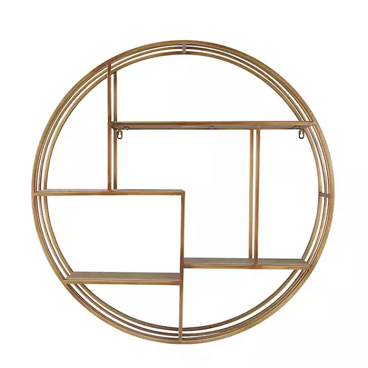 Round Bronze Metal and Tiered Wood Wall Shelf>Kirklands Home Best Sale