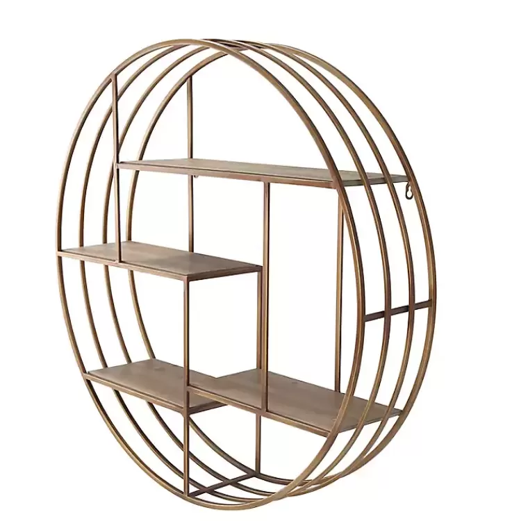 Round Bronze Metal and Tiered Wood Wall Shelf>Kirklands Home Best Sale