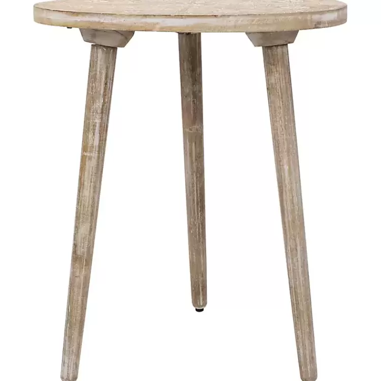 Round Brushed White Engraved Accent Table>Kirklands Home Outlet