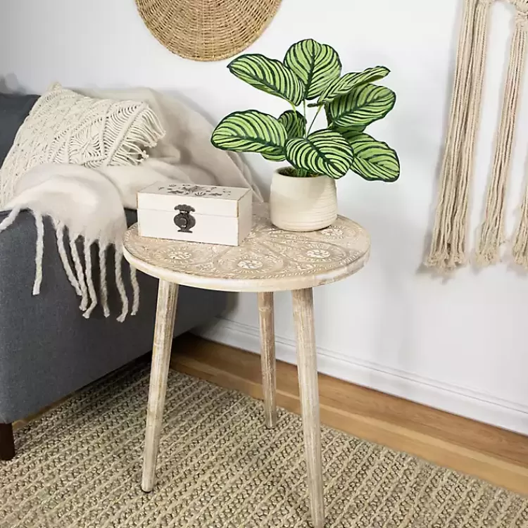 Round Brushed White Engraved Accent Table>Kirklands Home Outlet
