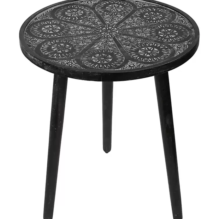 Round Charcoal Floral Engraved Accent Table>Kirklands Home Fashion