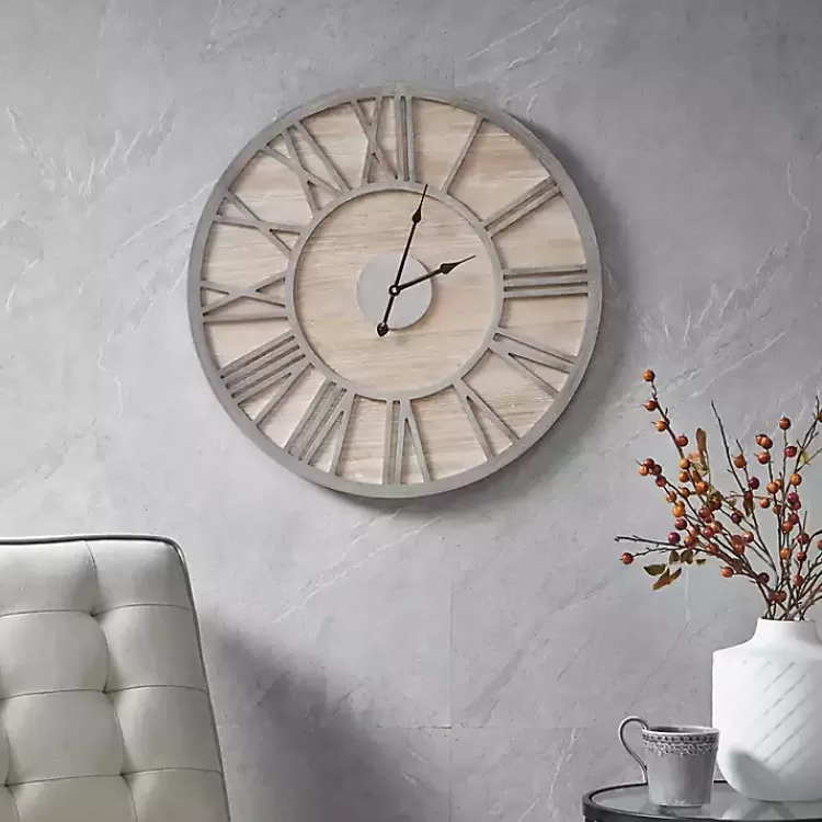 Round Gray and Natural Wooden Wall Clock>Kirklands Home Outlet