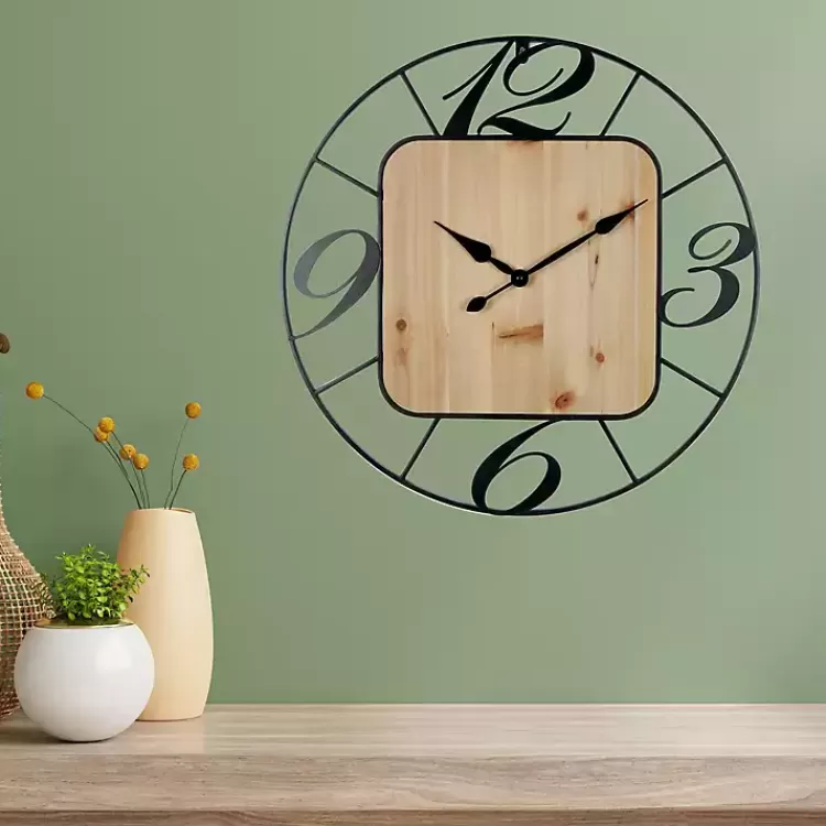 Round Metal & Square Wood Wall Clock>Kirklands Home Online