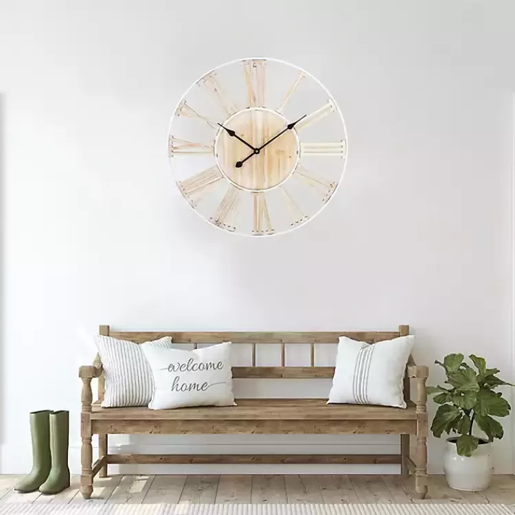 Round White Metal and Wood Wall Clock>Kirklands Home Discount