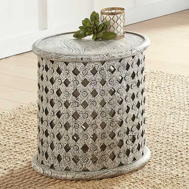Round White Wood Lattice Accent Table>Kirklands Home Store