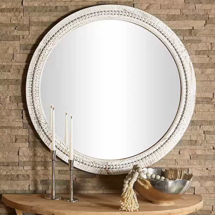 Round Whitewash Beaded Wall Mirror>Kirklands Home Hot