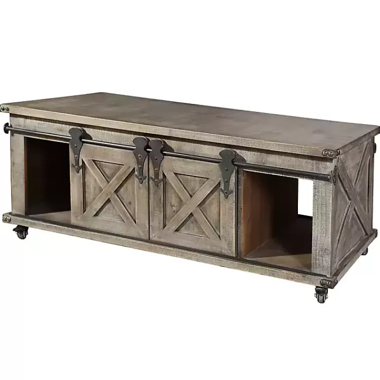 rustic_gray_wood_rolling_barn_door_coffee_table_2.webp Rustic Wood Rolling Barn Door Coffee Table>Kirklands Home Clearance