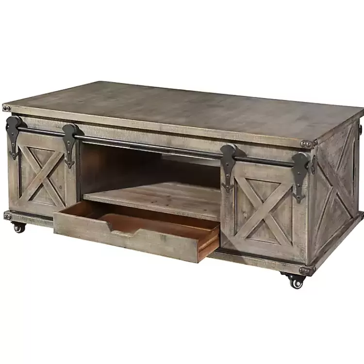 rustic_gray_wood_rolling_barn_door_coffee_table_3.webp Rustic Wood Rolling Barn Door Coffee Table>Kirklands Home Clearance