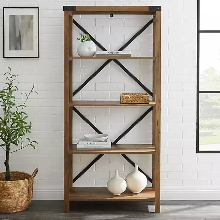 rustic_oak_metal_x_frame_back_bookshelf_2.webp Rustic Oak Metal X Frame Back Bookshelf>Kirklands Home Outlet